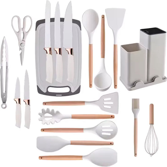 19-delige keukengerei set – Off-white/Crème – Inclusief houder & snijplank