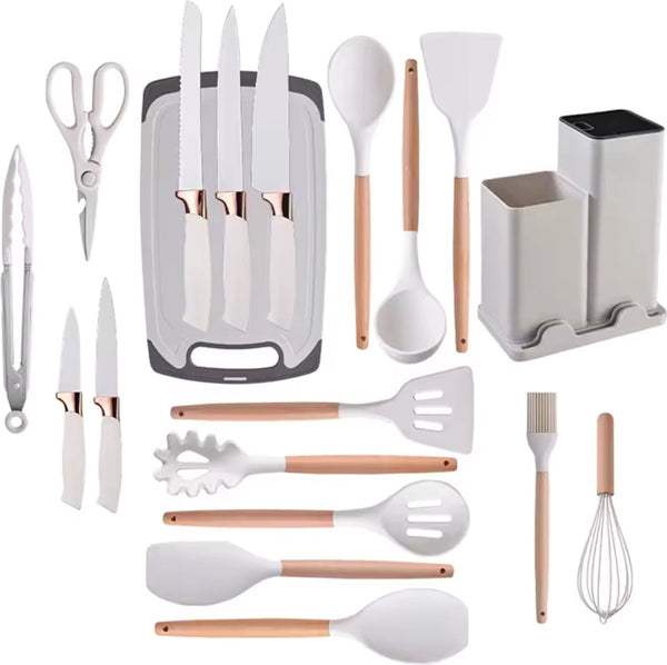 19-delige keukengerei set – Off-white/Crème – Inclusief houder & snijplank
