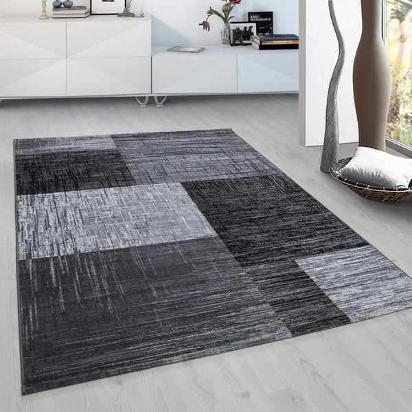 Zwart Grijs Vloerkleed Blokdesign – Modern Tapijt voor Woonkamer en Slaapkamer