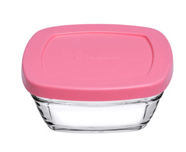 Pasabahce Pudding glazen vershoudkommetjes vierkant – set van 4 stuks met gekleurde deksel 310 ml