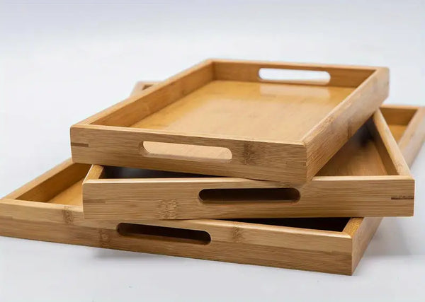 3-Delige Bamboe Houten Dienbladenset – S, M & L, Met Handgrepen – detailfoto 2