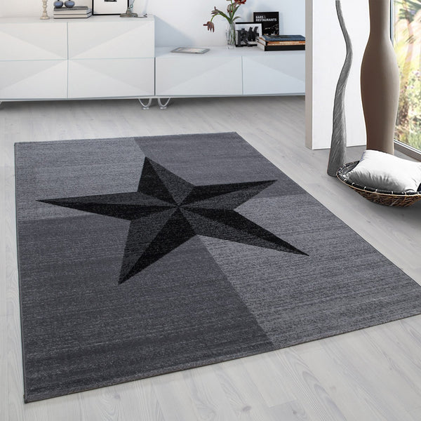 Zwart Grijs Vloerkleed met Ster Motief – Modern Tapijt voor Woonkamer en Slaapkamer