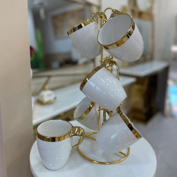 Porseleinen Koffiemokken Set 7-Delig – Wit met Goud – 6 Mokken met Standaard – Luxe Design