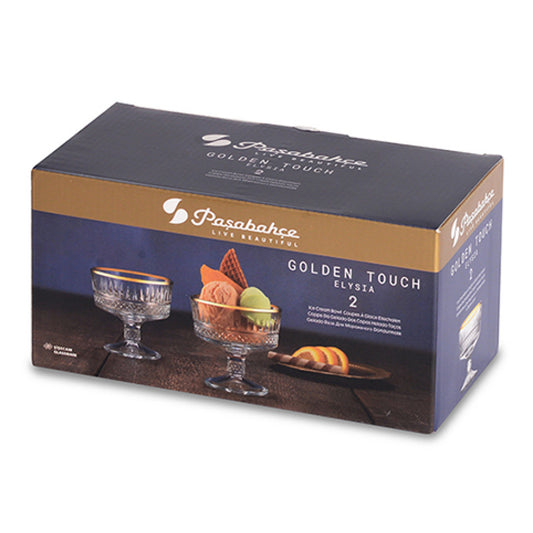 Pasabahce Elysia Golden Touch – Luxe dessert/ijscoupes op voet – 2-delig met gouden rand