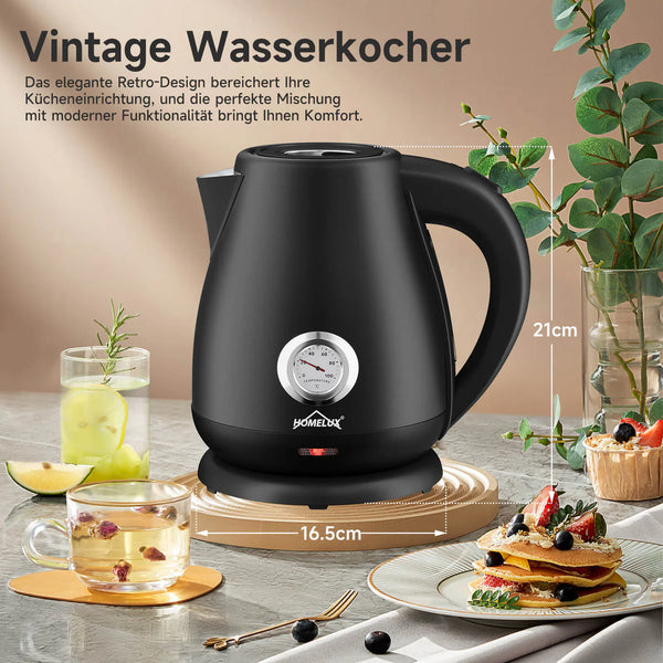 Elektrische Retro Waterkoker Zwart met Thermometer – 1,7L, RVS, 2200 Watt – detailfoto 2