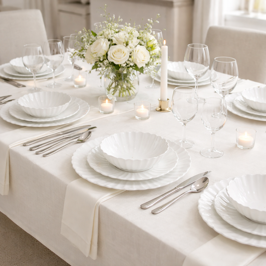 gedekte tafel wit servies 6 personen