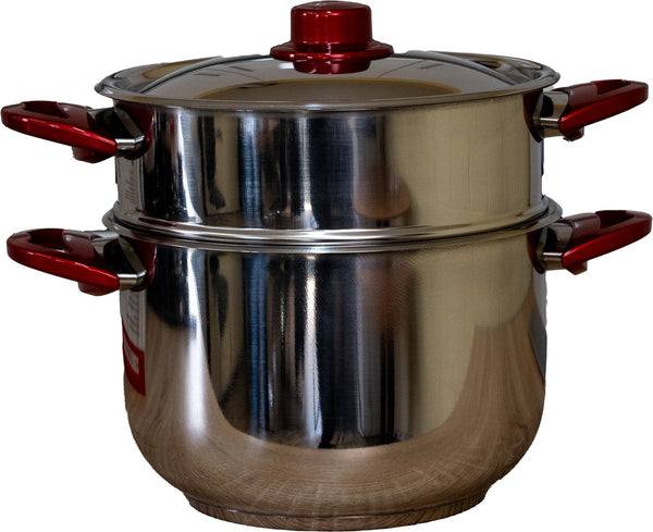 RVS Couscouspan 10 Liter – Royal Song 26 cm – Met Metalen Deksel – Inductiegeschikt – Rode Handgrepen