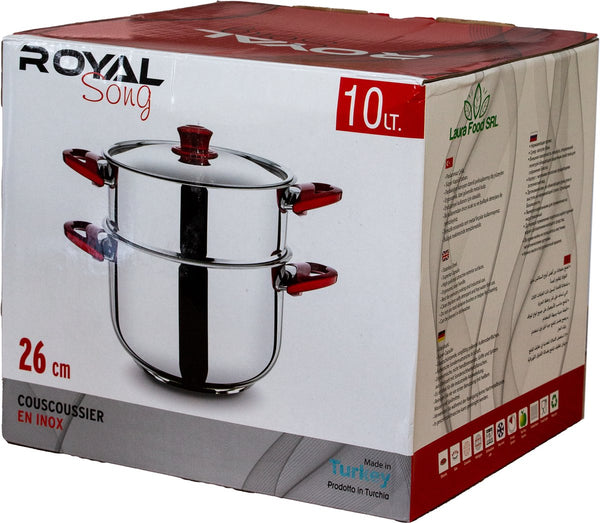 RVS Couscouspan 10 Liter – Royal Song 26 cm – Met Metalen Deksel – Inductiegeschikt – Rode Handgrepen