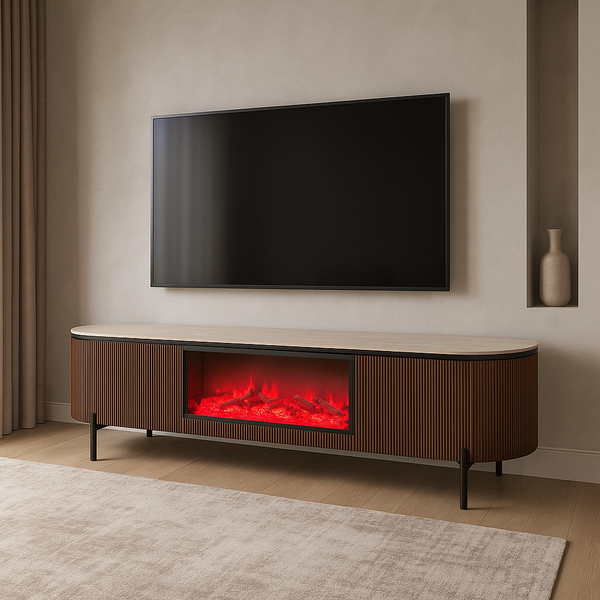 TV-Meubel met Inbouw Elektrische Haard AZUR 200x50x55 cm – Beige Keramisch Tafelblad, Ribbel Hout & LED Vlammen – Luxe Design Dressoir