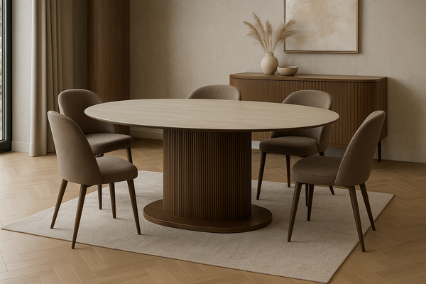 Design Eettafel AZUR Ovaal 180x110 cm – Beige Keramisch Tafelblad & Ribbel Houten Onderstel – Moderne Luxe Eetkamertafel 76 cm Hoog