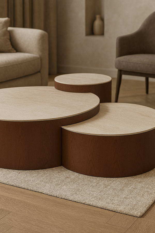 AZUR Ronde Salontafel Set – 3-Delig Keramiek Beige met Houten Onderstel