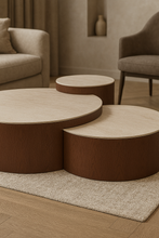 AZUR Ronde Salontafel Set – 3-Delig Keramiek Beige met Houten Onderstel