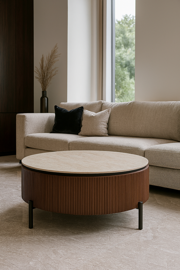 Design Salontafel AZUR Rond Ø100 cm – Keramisch Tafelblad Beige, Ribbel Houten Rand & Zwarte Poten – Moderne Luxe Koffietafel 45 cm Hoog