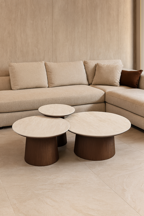 Luxe Salontafelset AZUR 3-Delig – Rond Keramisch Tafelblad Beige & Ribbel Houten Onderstel – Moderne Set 80x38 cm, 65x42 cm, 50x46 cm