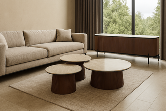 Luxe Salontafelset AZUR 3-Delig – Rond Keramisch Tafelblad Beige & Ribbel Houten Onderstel – Moderne Set 80x38 cm, 65x42 cm, 50x46 cm