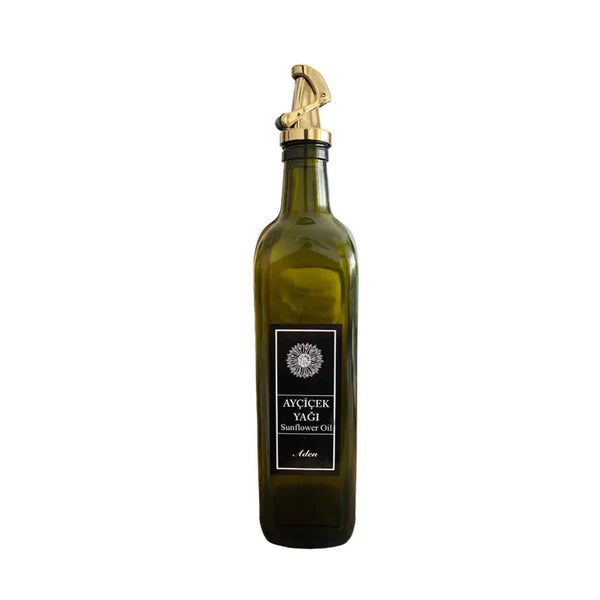 Zonnebloem Olieglas Groen – 750 ml, Vierkant met Gouden Deksel