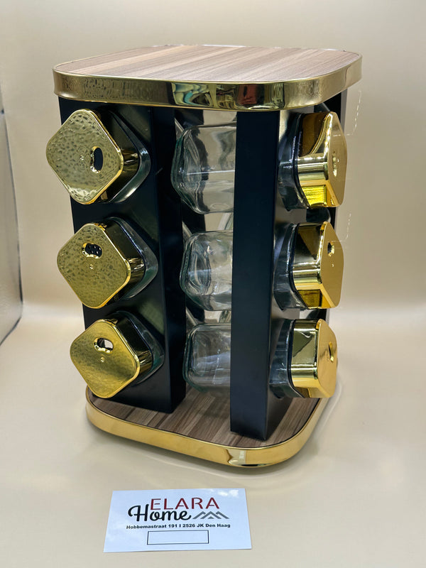 Kruidenrek op 360° Draaibare Stand – 12 Glazen Kruidenpotjes, Goud/Zwart/Hout – detailfoto 2