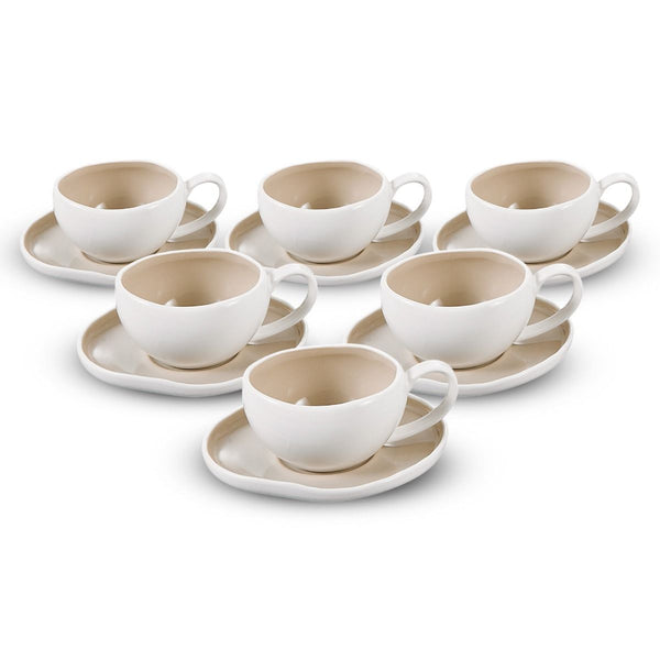 Bricard Barles Koffiekopjes met Schotels – 12-delige Set 6 Personen Wit Taupe 225 ml