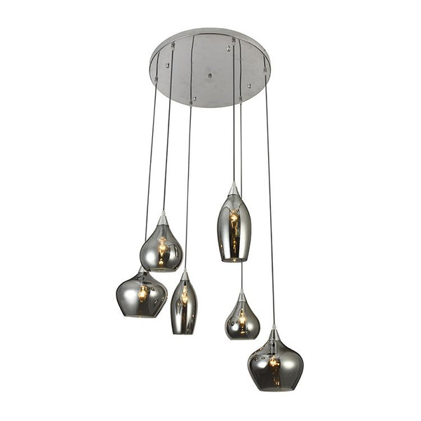 Hanglamp Mainz – 6-lichts – Smoke Glas – In Hoogte Verstelbaar – E14 Fitting – Zilver