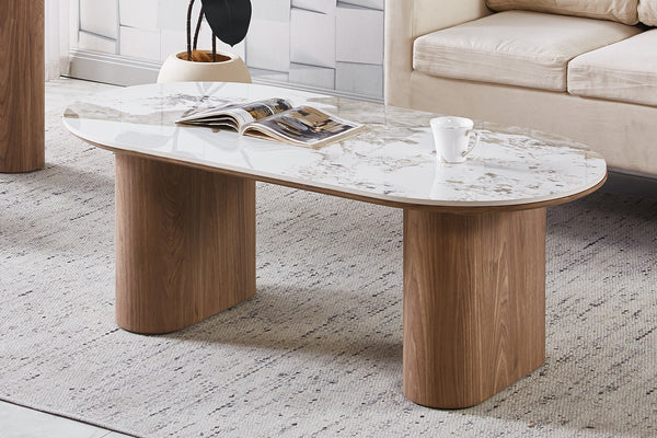 Ovale salontafel Evora 120x60 cm met glanzend gesinterde steen blad Pandora goudbruin, hoogte 43 cm, woonkamer
