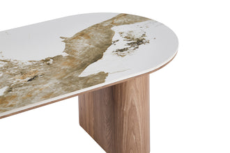 Detail glanzend sintered stone tafelblad Pandora goudbruin van ovale salontafel Evora met afgeronde rand