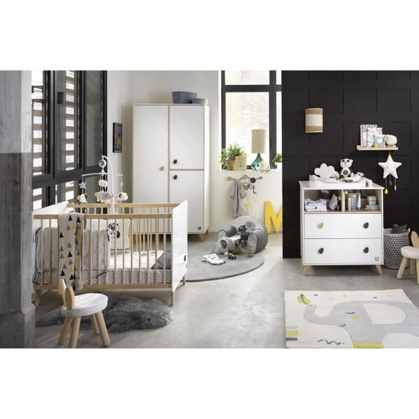 Complete OSLO babykamer – 3-delige babykamer set met bed 120x60 cm, commode en kledingkast – Wit en hout