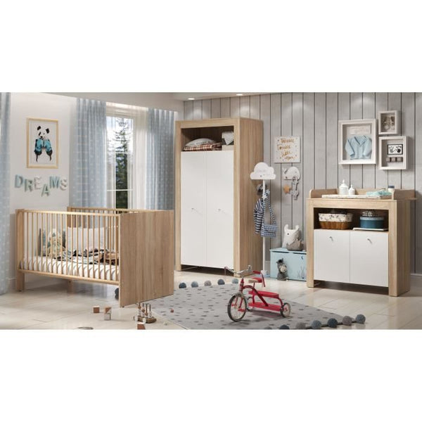 Complete babykamer set Pia – 3-delige babykamer met bed 70x140 cm, commode en kledingkast – Sonoma eiken en Mat Chêne decor