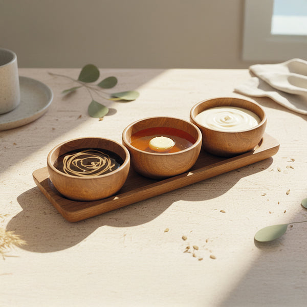 Acaciahouten aperitiefset 4 delig 20x7 cm op tafel als houten sausset met dips en sausjes