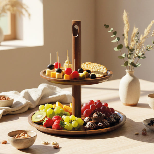 Acaciahouten etagère 2 lagen Ø25x27 cm gevuld met fruit hapjes en gebak op een sfeervol gedekte tafel