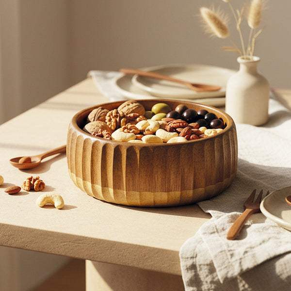 Acaciahouten kom met ribbelstructuur gevuld met noten en kleine snacks, als serveerkom op een gedekte tafel