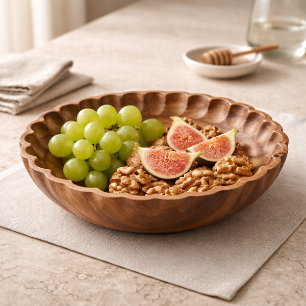 Acaciahouten schaal Ø25x4 cm op tafel als houten serveerschaal voor chips en snacks