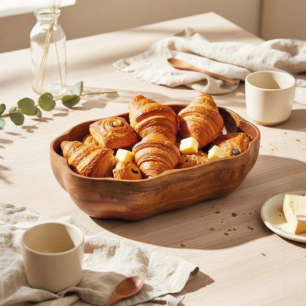 Acaciahouten schaal 28x18.5 cm op tafel als houten serveerschaal met croissants en broodjes