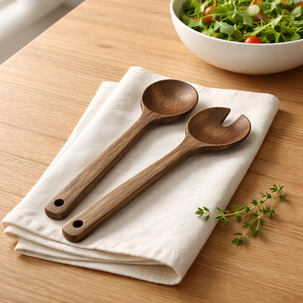 Acaciahouten serveerbestek 2 delig uit de Acora collectie op tafel als houten saladebestek