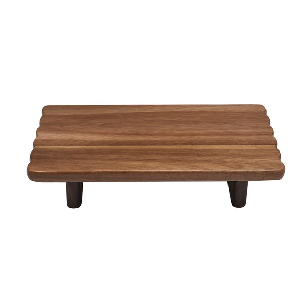 Acaciahouten serveerschaal op voet 28x15 cm rechthoekige houten serveerplank op voet uit de Acora collectie
