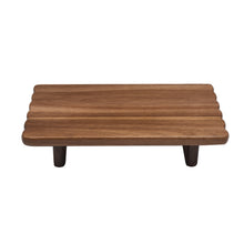 Acaciahouten serveerschaal op voet 28x15 cm rechthoekige houten serveerplank op voet uit de Acora collectie