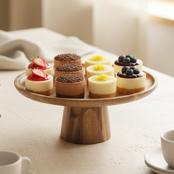 Acaciahouten serveerschaal op voet Ø25x11 cm met gebak en desserts op een sfeervol gedekte tafel