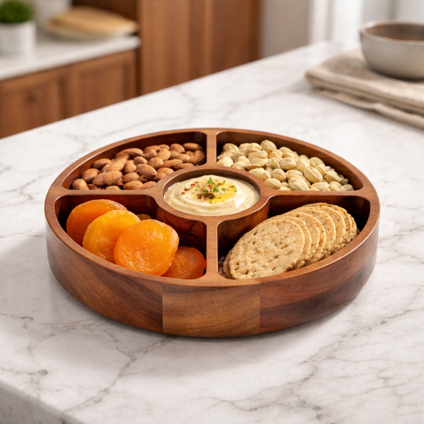 Acaciahouten snackschaal Ø29x4 cm gevuld met noten fruit popcorn en hapjes op een sfeervol gedekte tafel