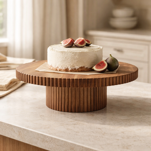 Acaciahouten taartplateau op voet Ø30x10 cm op tafel met donuts en taart als houten gebakschaal
