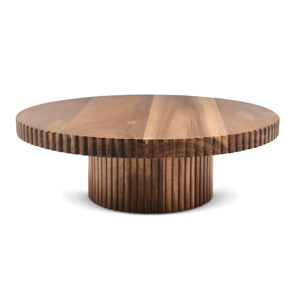 Acaciahouten taartplateau op voet Ø30x10 cm ronde houten serveerschaal op voet uit de Acora collectie