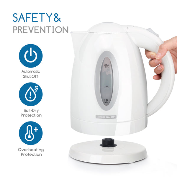 Waterkoker 1.7L 2200W Kunststof – Automatische Uitschakeling, Droogkookbeveiliging & 360° Draaibare Basis – Wit