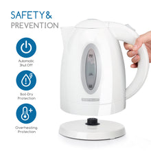 Waterkoker 1.7L 2200W Kunststof – Automatische Uitschakeling, Droogkookbeveiliging & 360° Draaibare Basis – Wit