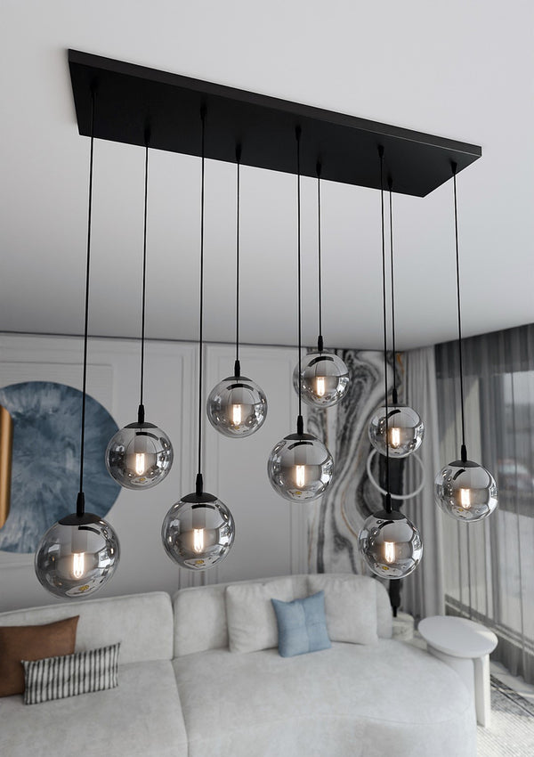 COSMO 9-Lichts Hanglamp – Zwart Staal met Smoke Glazen Kappen