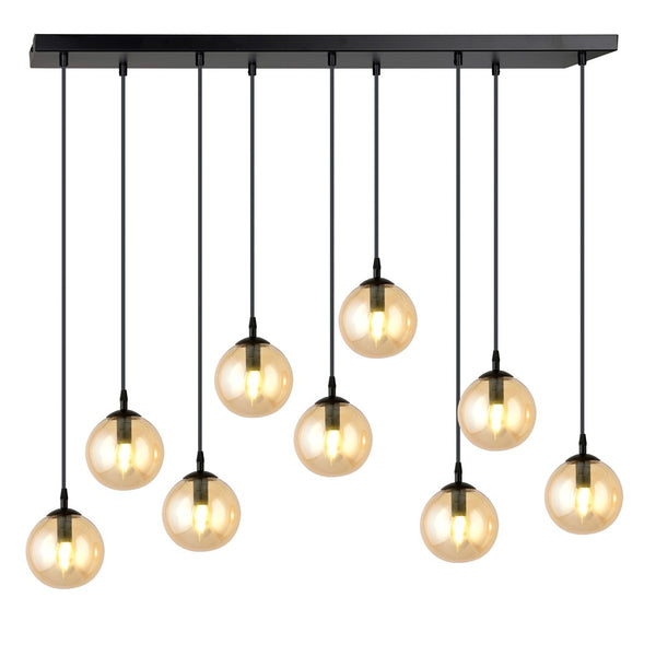 COSMO 9-Lichts Hanglamp – Zwart Staal met Honingkleurige Glazen Kappen