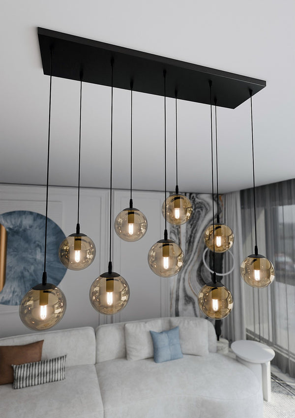 COSMO 9-Lichts Hanglamp – Zwart Staal met Honingkleurige Glazen Kappen