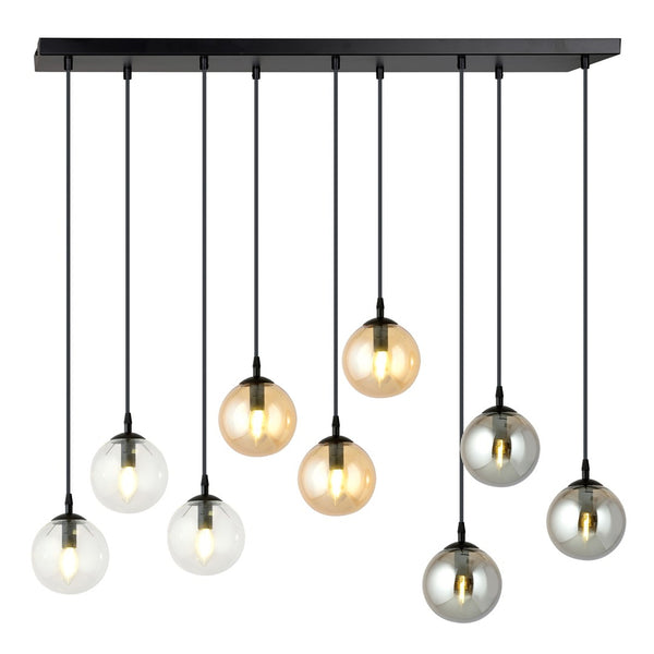 COSMO 9-Lichts Hanglamp – Zwart Staal met Mixkleurige Glazen Kappen