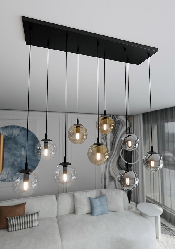 COSMO 9-Lichts Hanglamp – Zwart Staal met Mixkleurige Glazen Kappen