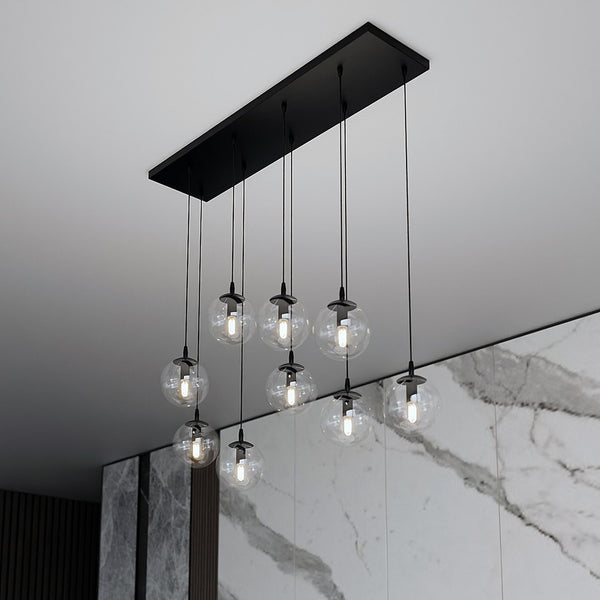 COSMO 9-Lichts Hanglamp – Zwart Staal met Transparante Glazen Kappen