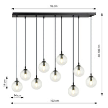 COSMO 9-Lichts Hanglamp – Zwart Staal met Transparante Glazen Kappen