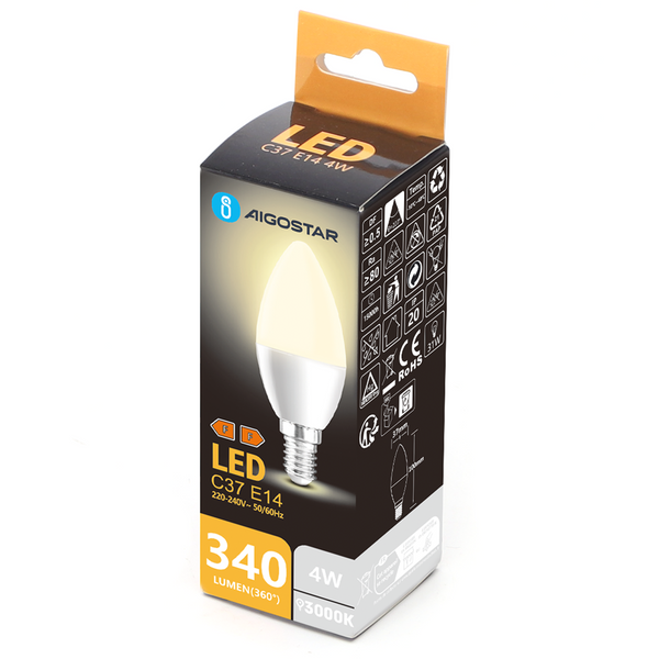 LED Lamp C37 E14 4W Warm Wit 3000K – Kaarsvormige Bulb met 340 Lumen – Energiezuinig & Compact