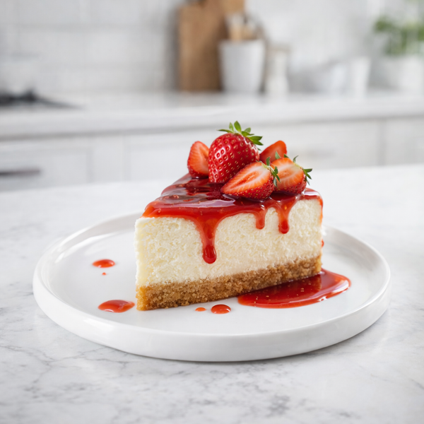 dessertbord met cheesecake en aardbei saus